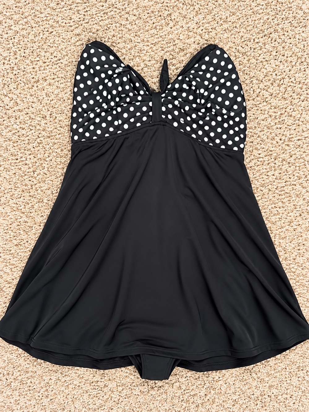 COCOSHIP Black Swimdress with White Polka Dot Bust
